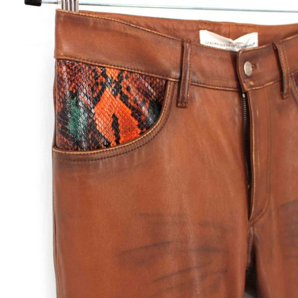 Golden Goose Deluxe Jolly Leather Pants Brown Reptile Pocket Trim XS NWT NEW